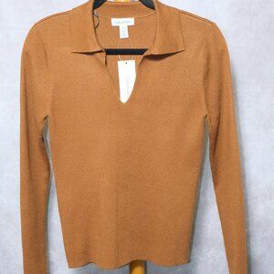 Calvin Klein Women’s Collared Knit Top – Size M – Brown Tortoise